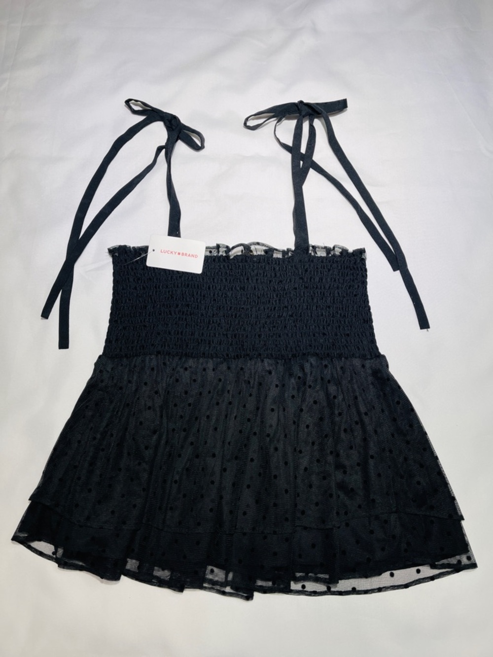 Lucky Brand Black Smocked Polka Dot Tie-Strap Tank Top